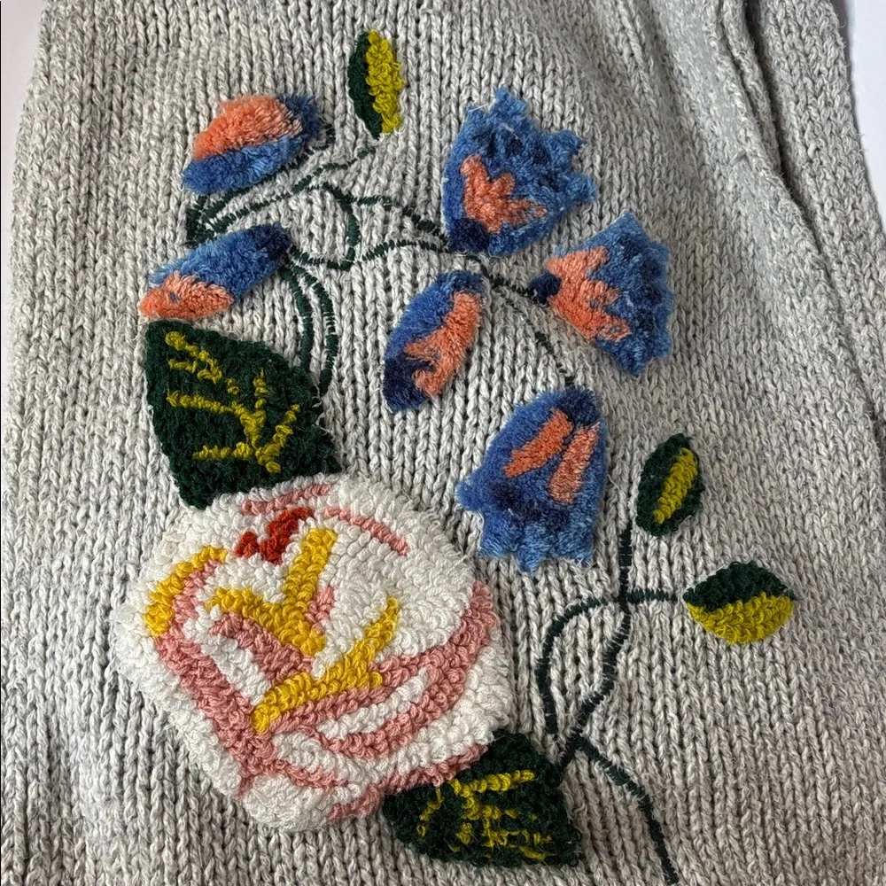 Nathalie Lete x Anthropologie Grey and Floral Embroidery Knit Scarf
